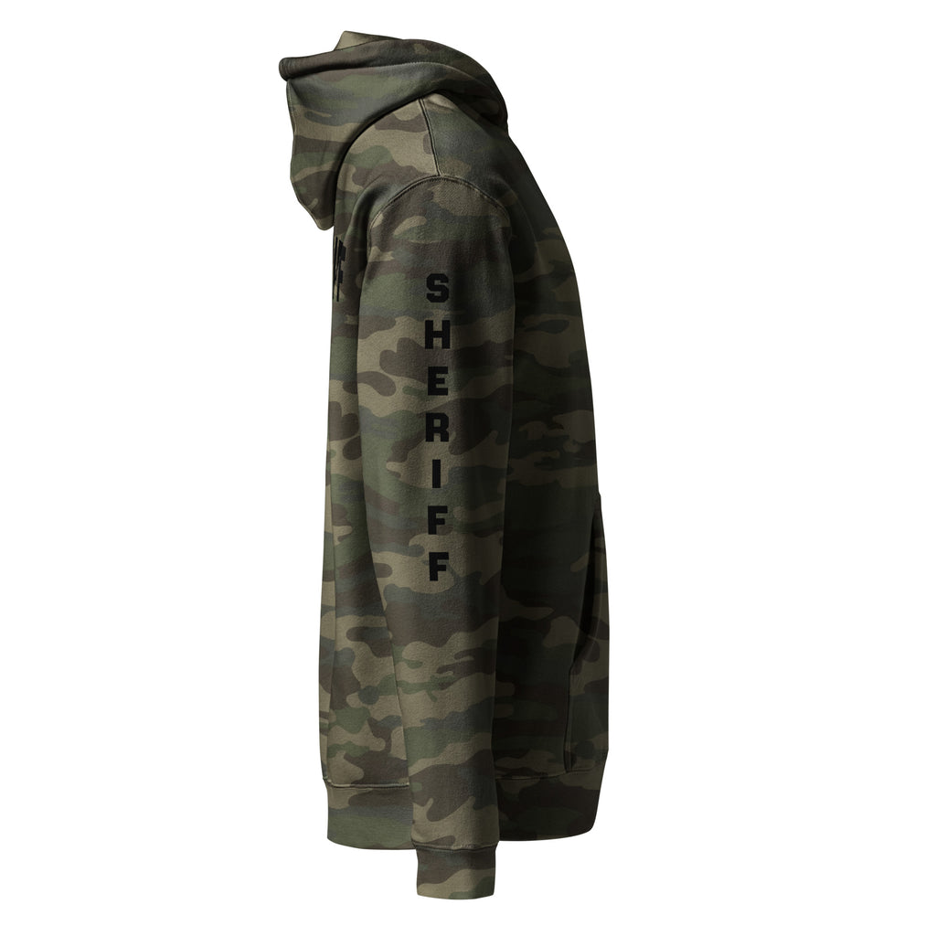 Sheriff heavyweight duty and RAID hoodie with full sleeve identifiers in Forest Camo, right view