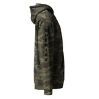 Sheriff heavyweight duty and RAID hoodie with full sleeve identifiers in Forest Camo, right view