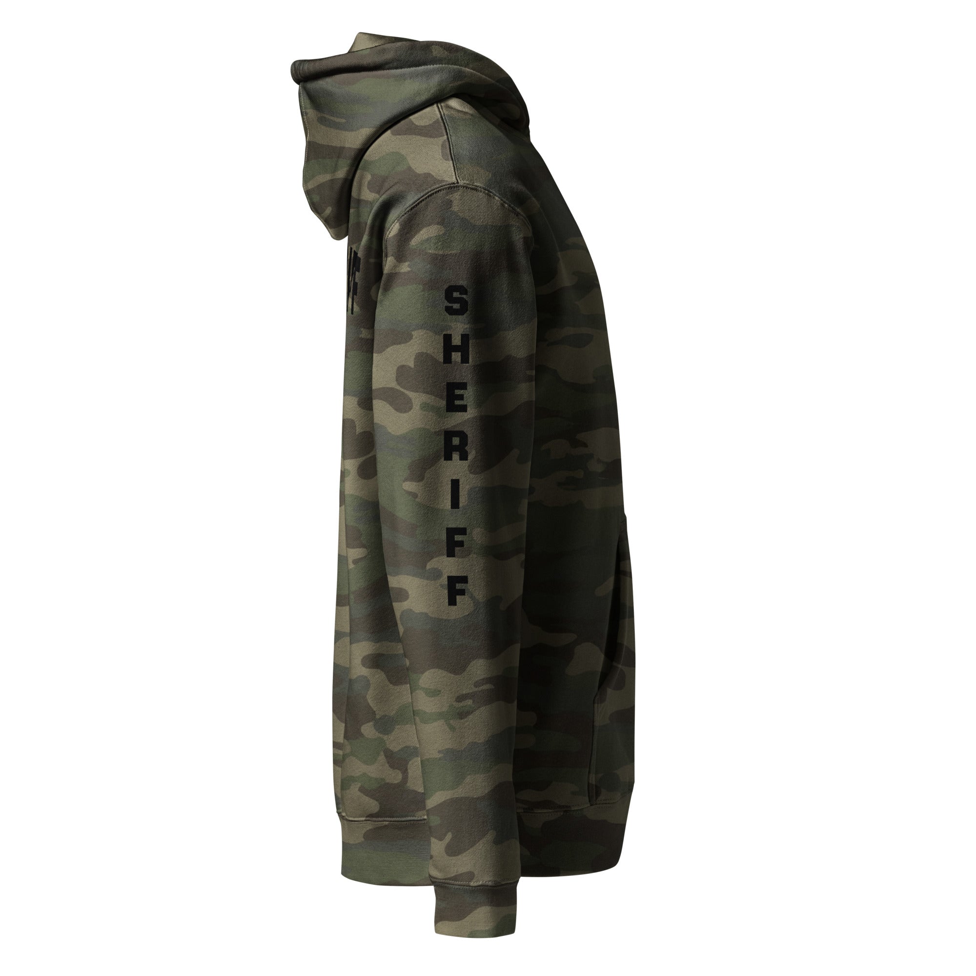 Sheriff heavyweight duty and RAID hoodie with full sleeve identifiers in Forest Camo, right view