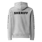 Sheriff heavyweight duty and RAID hoodie with full sleeve identifiers in Grey Heather, back view