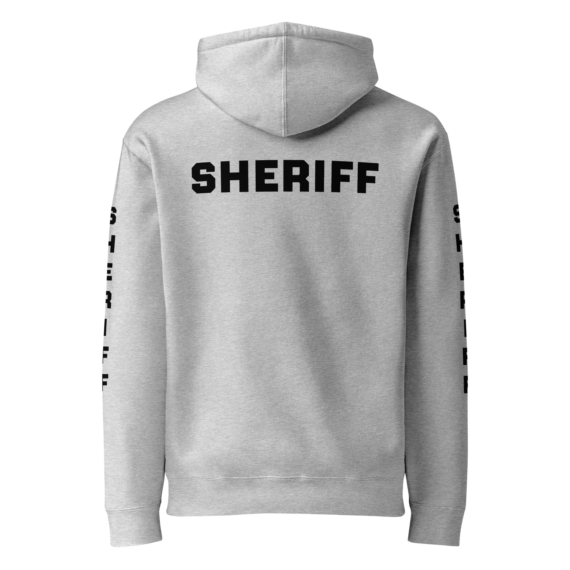 Sheriff heavyweight duty and RAID hoodie with full sleeve identifiers in Grey Heather, back view