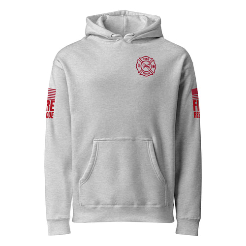Fire Rescue heavyweight duty hoodie with dual sleeve identifiers in Grey Heather, front view