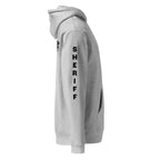 Sheriff heavyweight duty and RAID hoodie with full sleeve identifiers in Grey Heather, right view