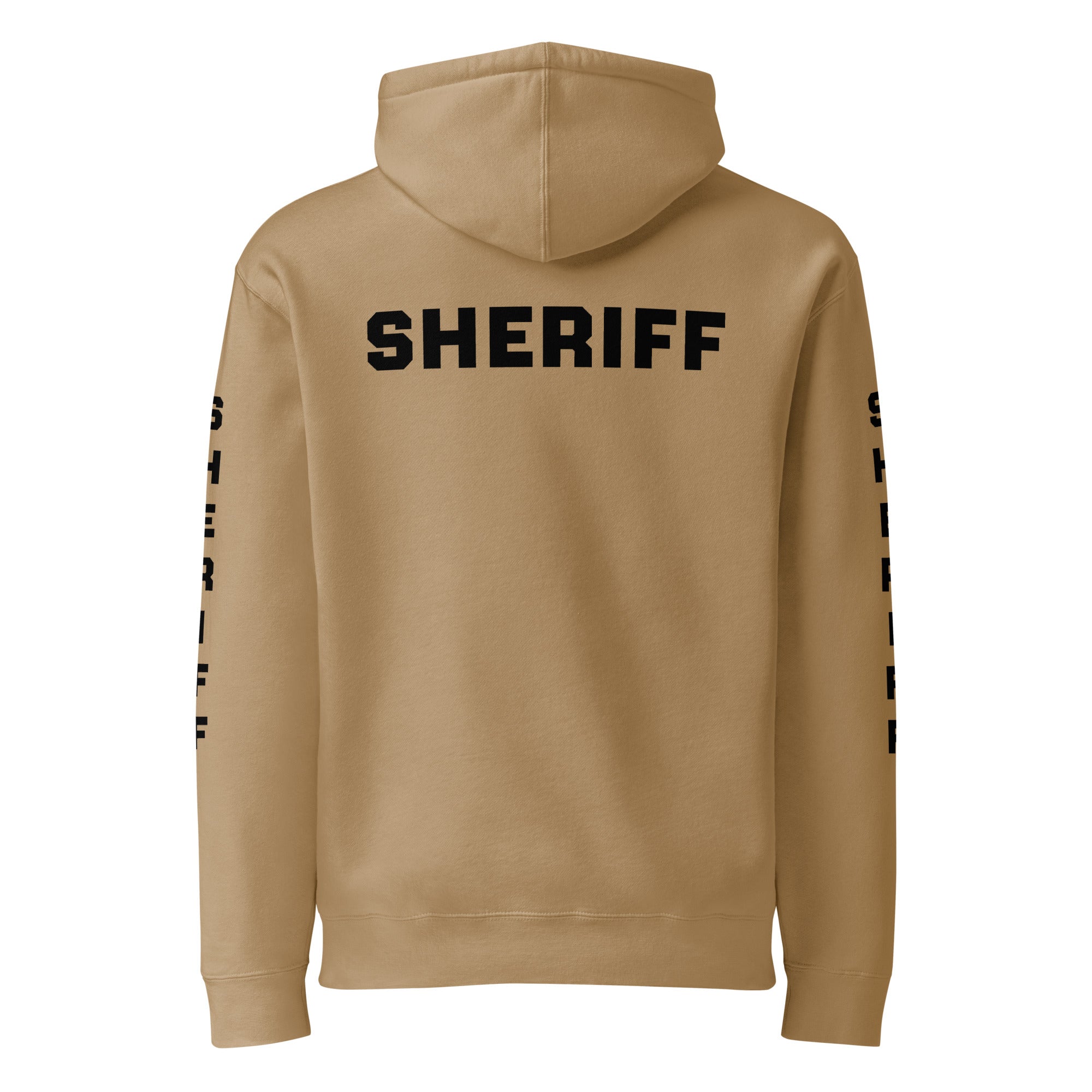 Sheriff heavyweight duty and RAID hoodie with full sleeve identifiers in Sandstone, back view