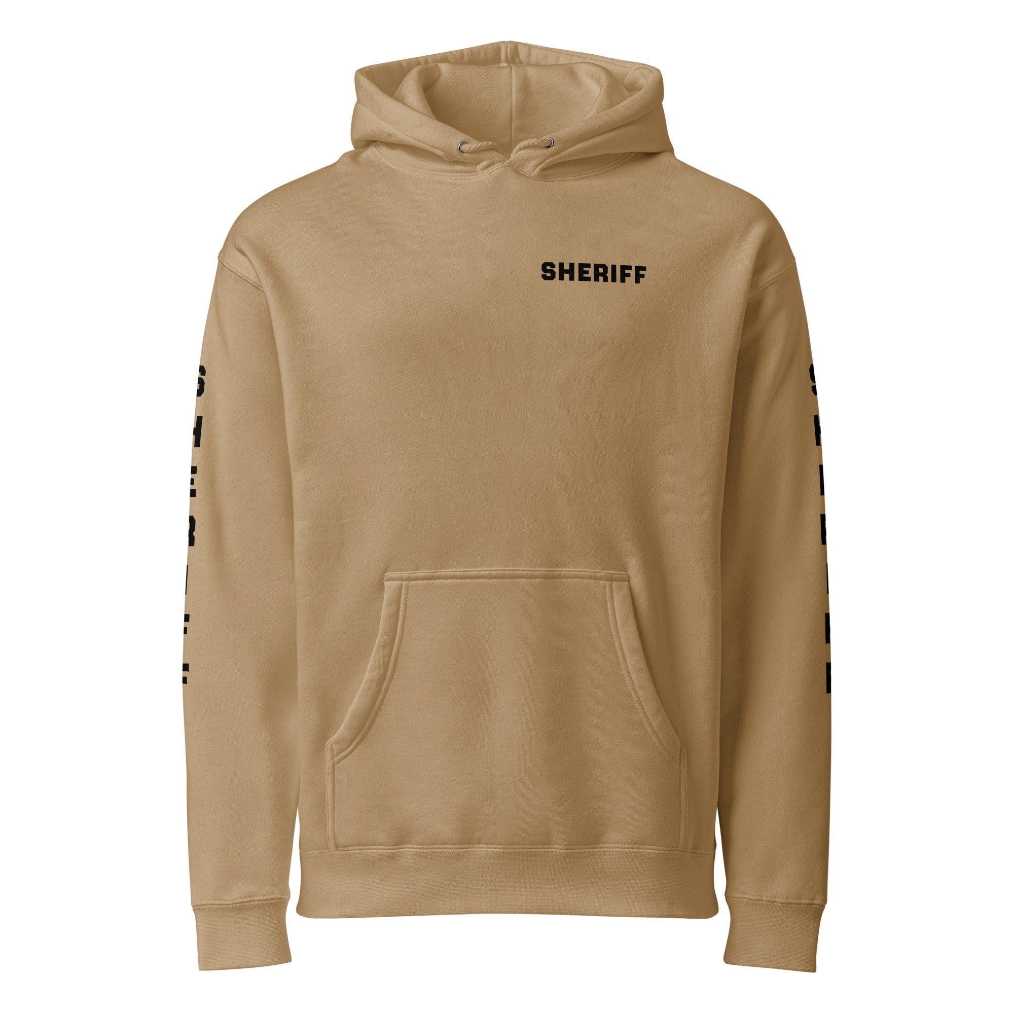 Sheriff heavyweight duty and RAID hoodie with full sleeve identifiers in Sandstone, front view