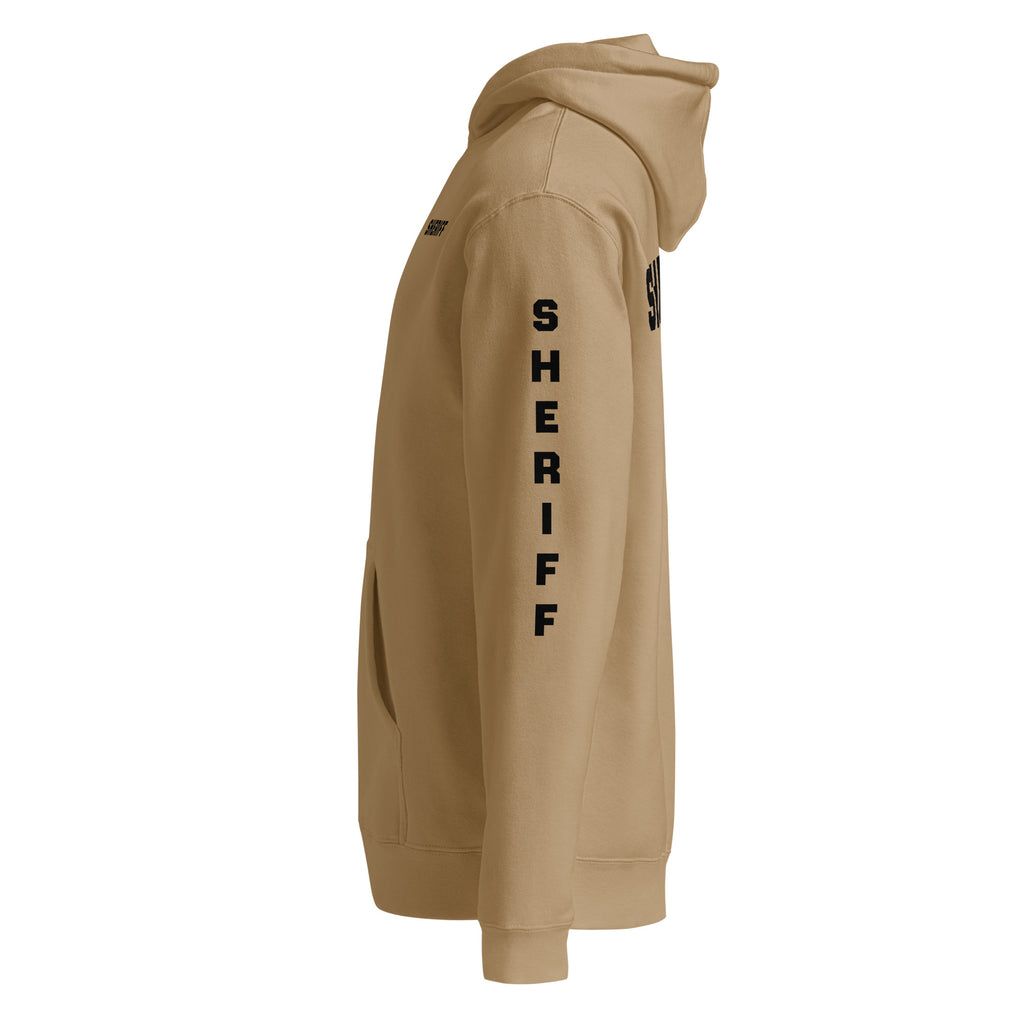 Sheriff heavyweight duty and RAID hoodie with full sleeve identifiers in Sandstone, left view
