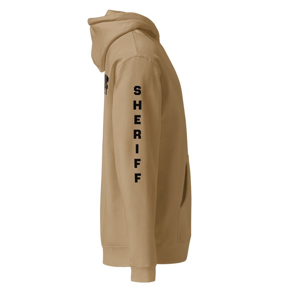 Sheriff heavyweight duty and RAID hoodie with full sleeve identifiers in Sandstone, right view