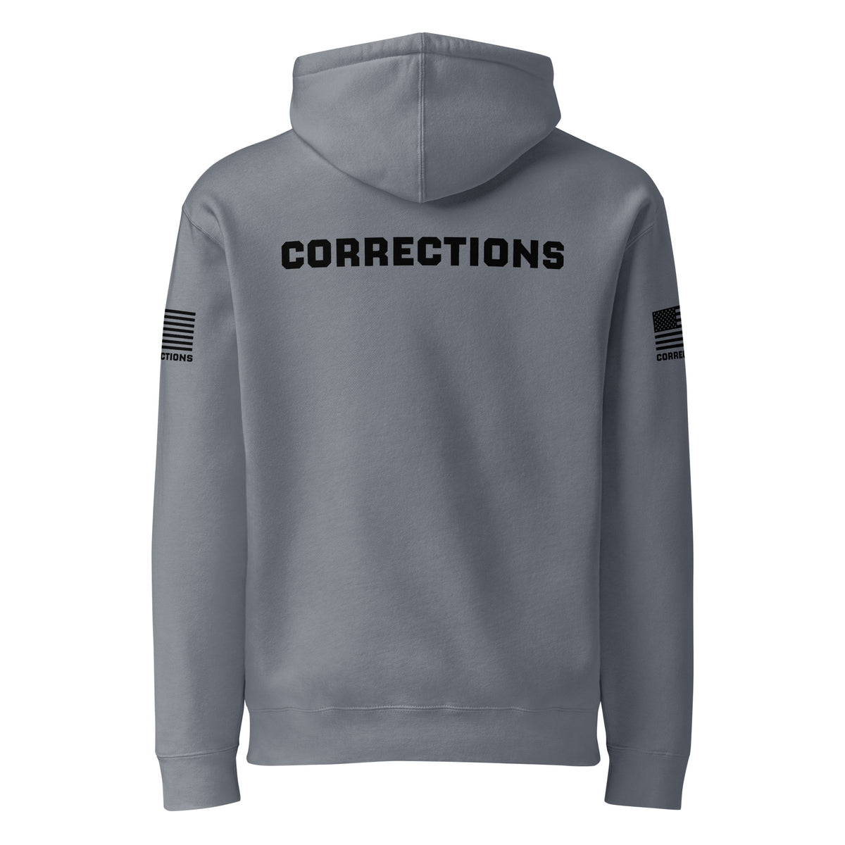 Corrections — Duty Wear Heavyweight Hoodie (Flag & Sleeve Identifier) — Storm Blue — Back view