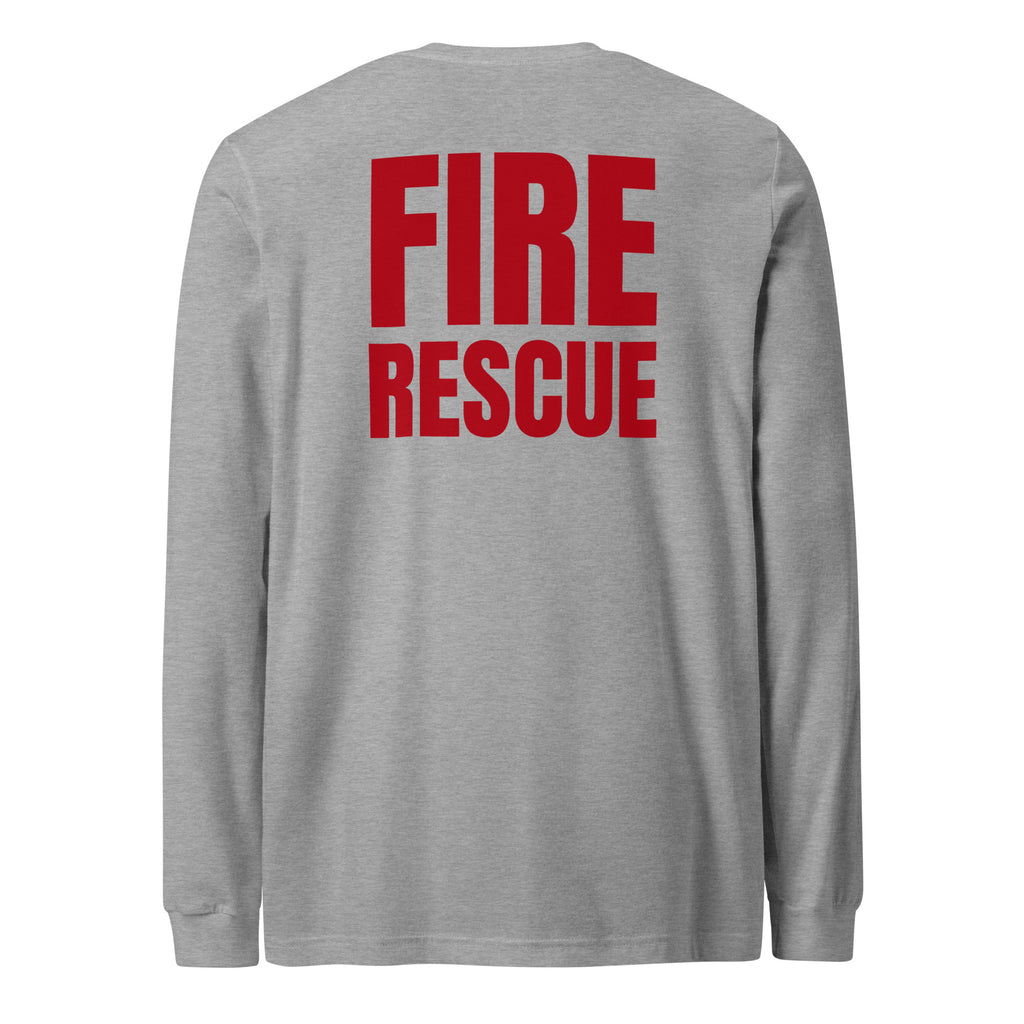 Fire Rescue long sleeve duty shirt with full sleeve identifiers in Athletic Heather, back view