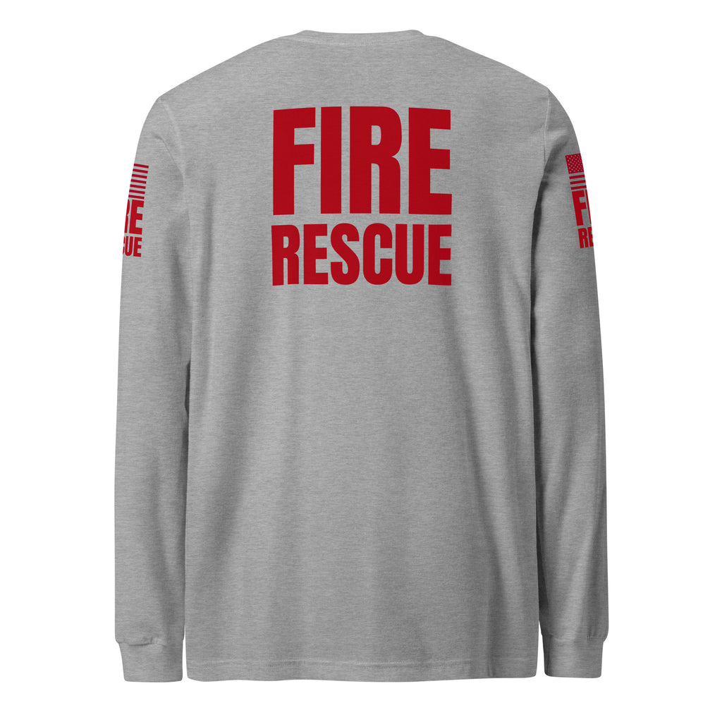 Fire Rescue long sleeve duty shirt with dual sleeve identifiers in Athletic Heather, back view