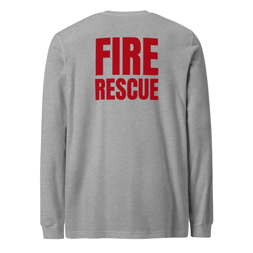 Fire Rescue long sleeve duty shirt with left sleeve identifier in Athletic Heather, back view