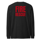 Fire Rescue long sleeve duty shirt with left sleeve identifier in Black Heather, back view