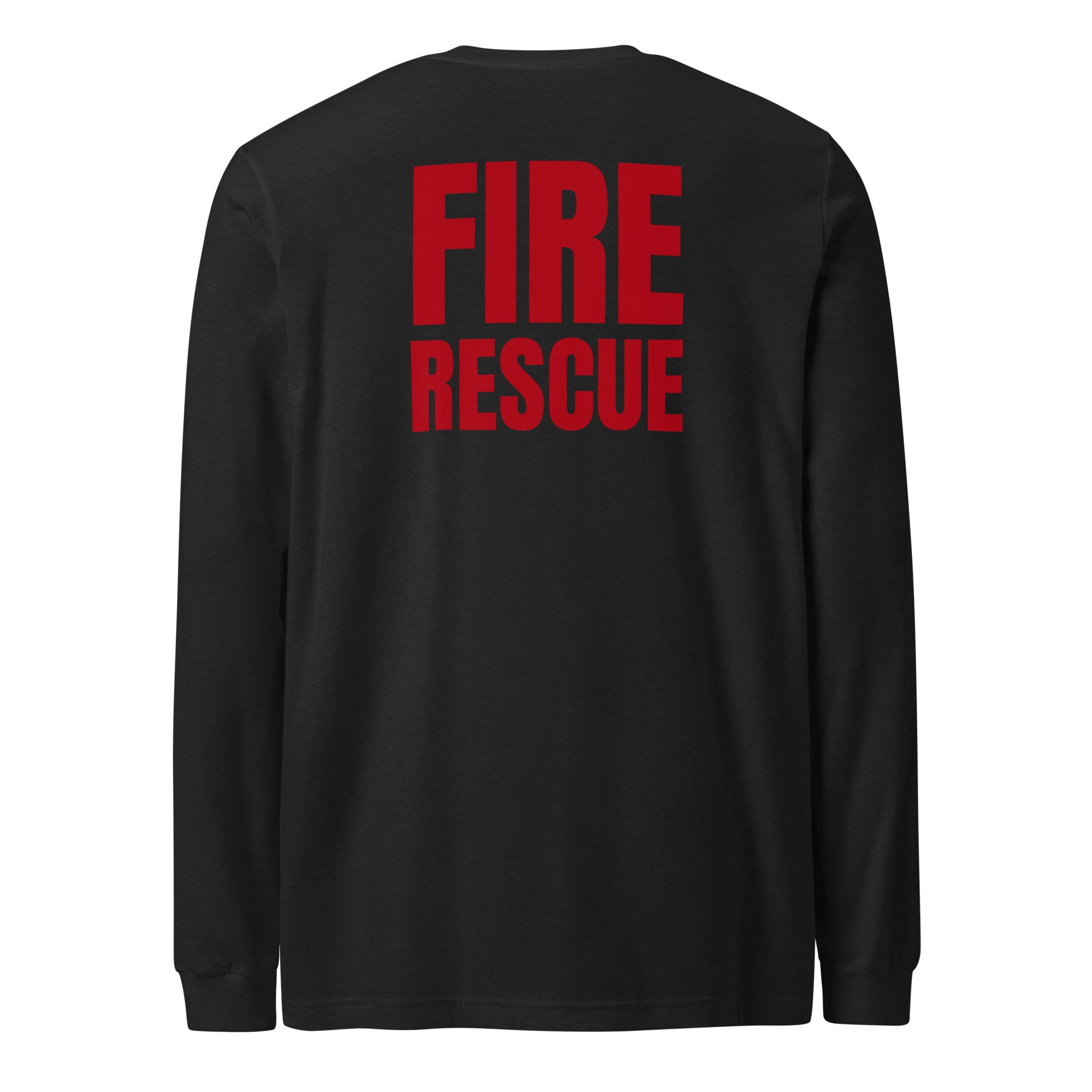 Fire Rescue long sleeve duty shirt with left sleeve identifier in Black Heather, back view