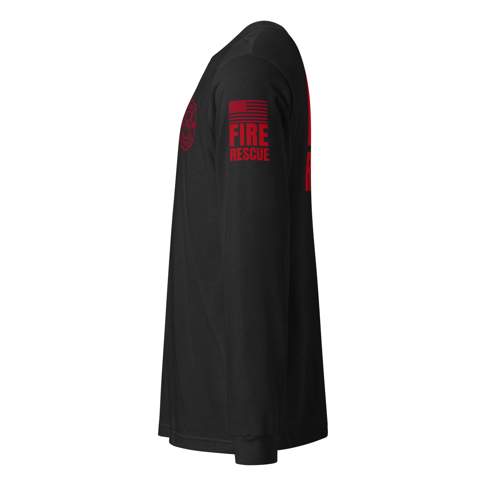 Fire Rescue long sleeve duty shirt with dual sleeve identifiers in Black Heather, left view