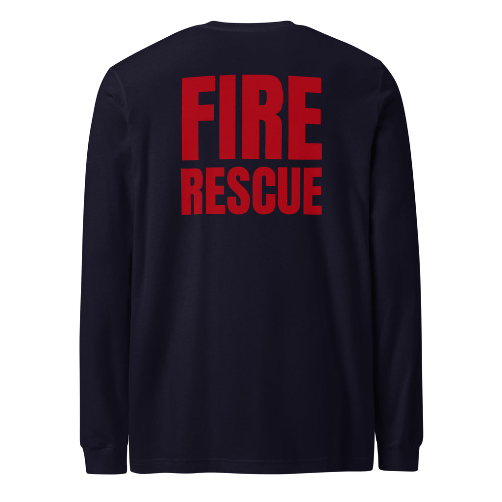 Fire Rescue long sleeve duty shirt with full sleeve identifiers in Navy, back view