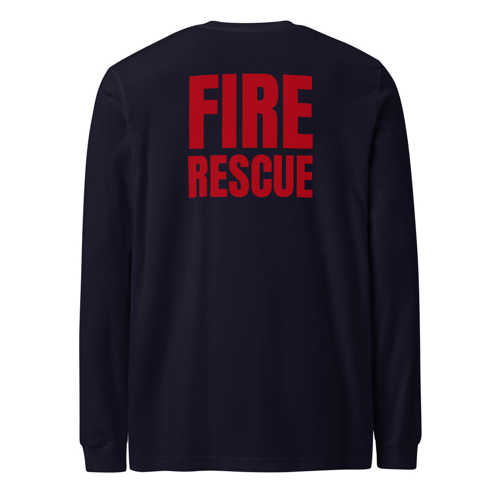 Fire Rescue long sleeve duty shirt with left sleeve identifier in Navy, back view