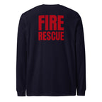 Fire Rescue long sleeve duty shirt with left sleeve identifier in Navy, back view