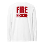 Fire Rescue long sleeve duty shirt with left sleeve identifier in White, back view