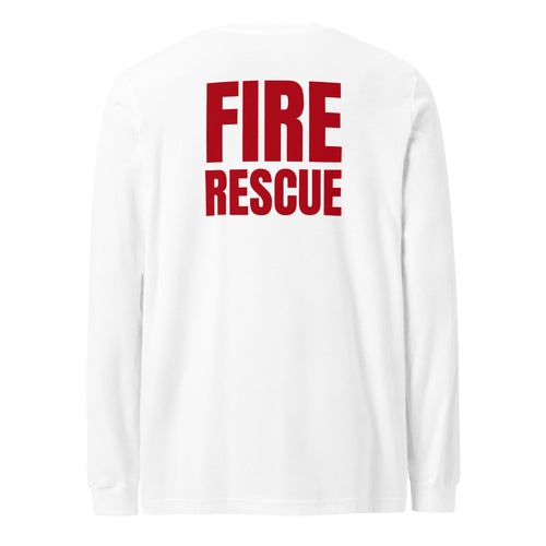 Fire Rescue long sleeve duty shirt with left sleeve identifier in White, back view