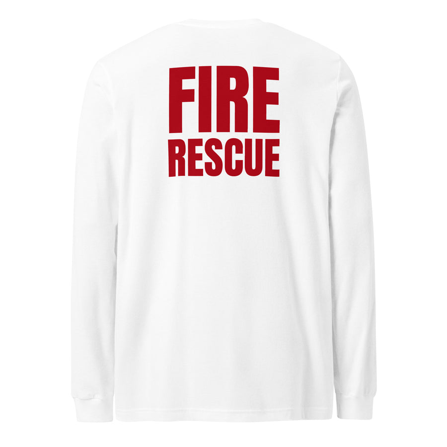 Fire Rescue long sleeve duty shirt with left sleeve identifier in White, back view