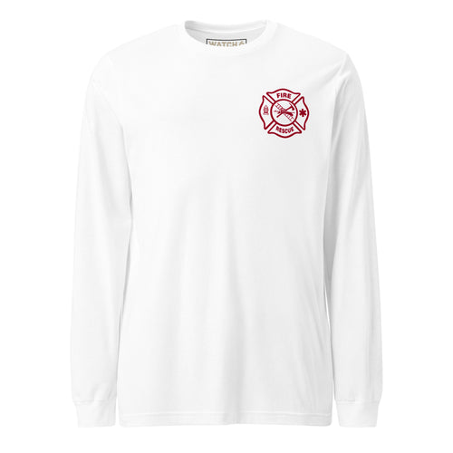 Fire Rescue long sleeve duty shirt with left sleeve identifier in White, front view