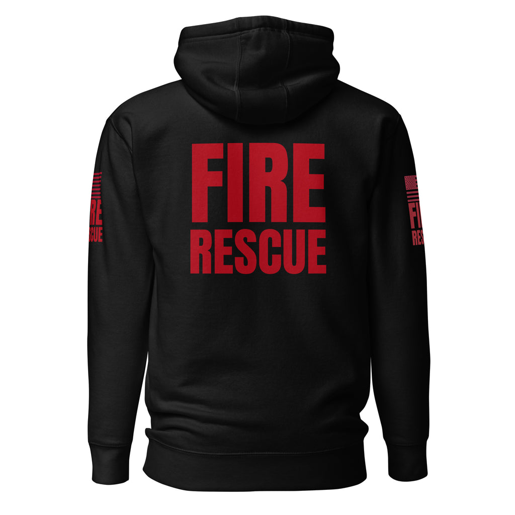 Fire Rescue on-duty hoodie with dual sleeve identifiers in Black, back view