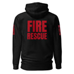 Fire Rescue on-duty hoodie with dual sleeve identifiers in Black, back view