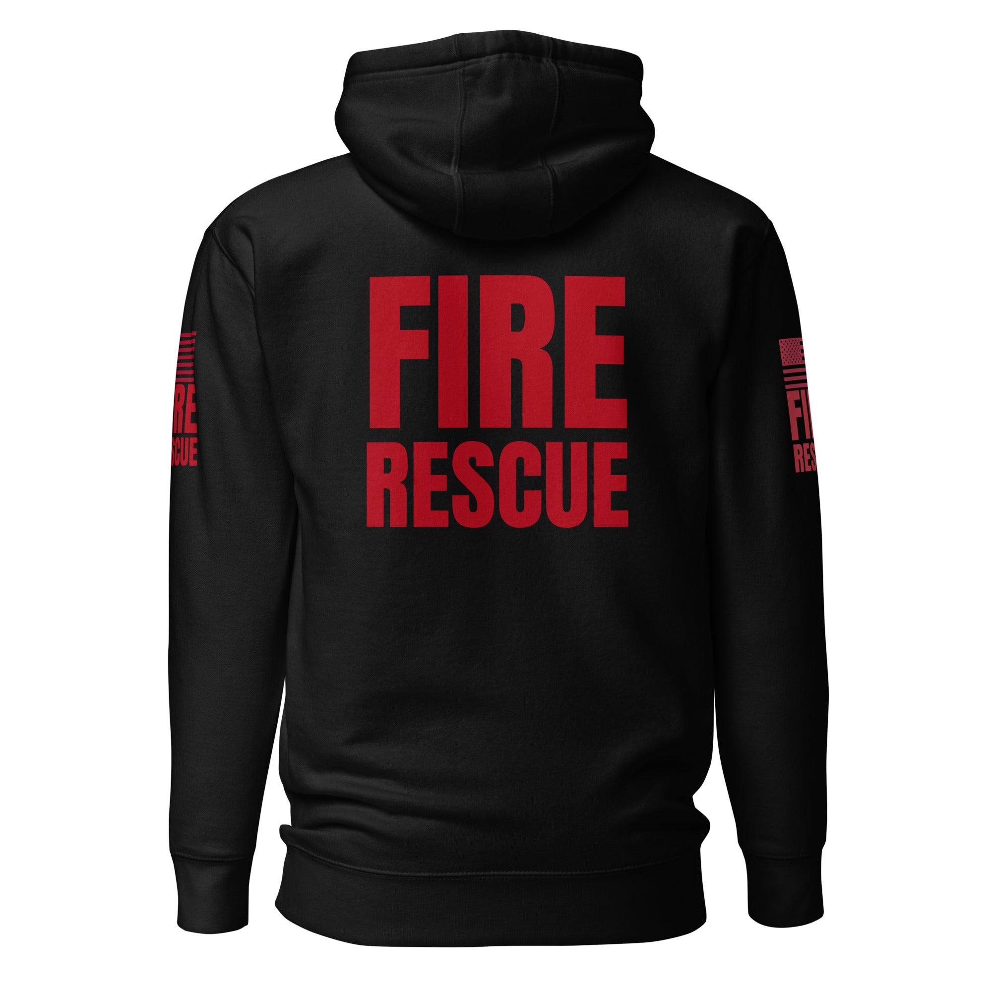 Fire Rescue on-duty hoodie with dual sleeve identifiers in Black, back view