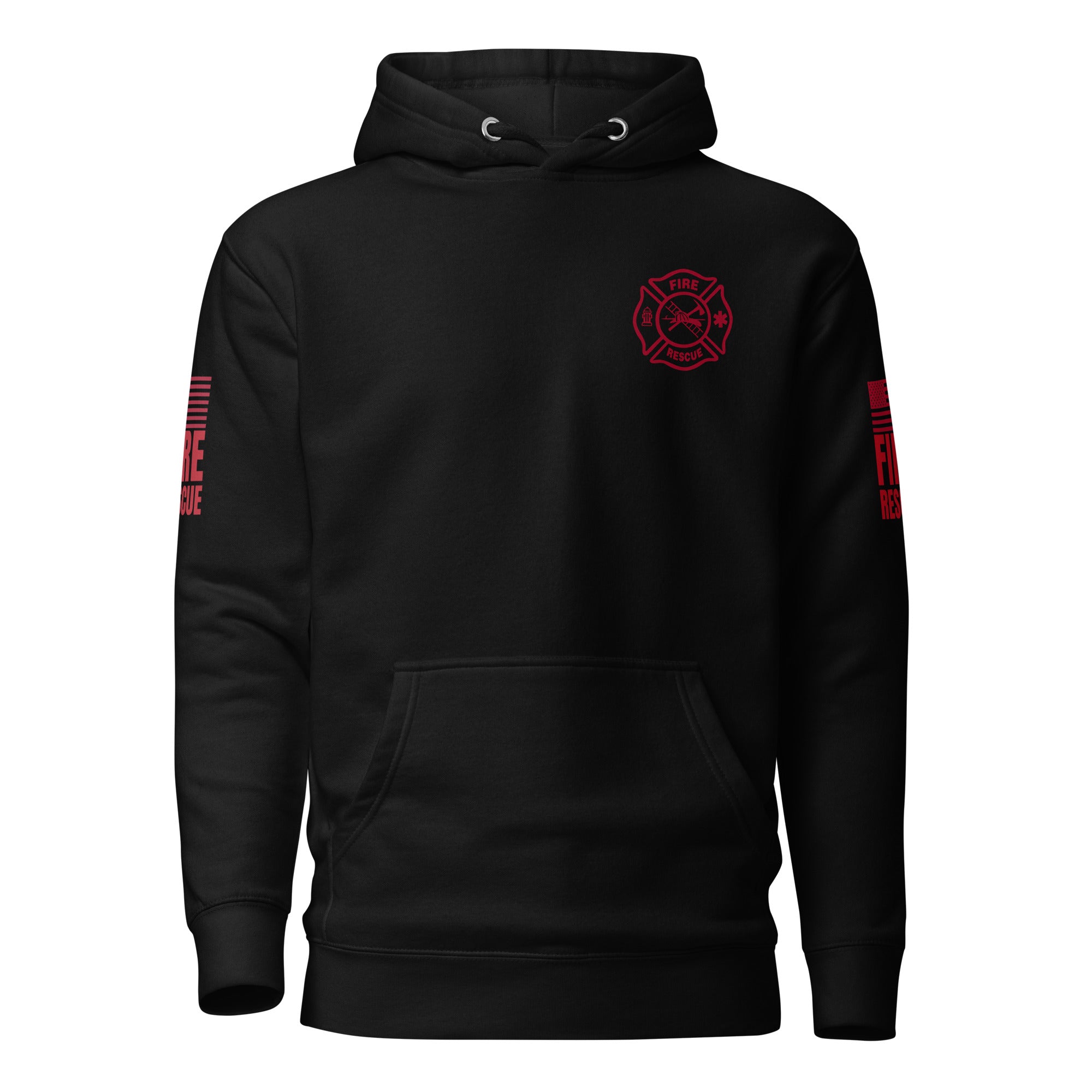 Fire Rescue on-duty hoodie with dual sleeve identifiers in Black, front view