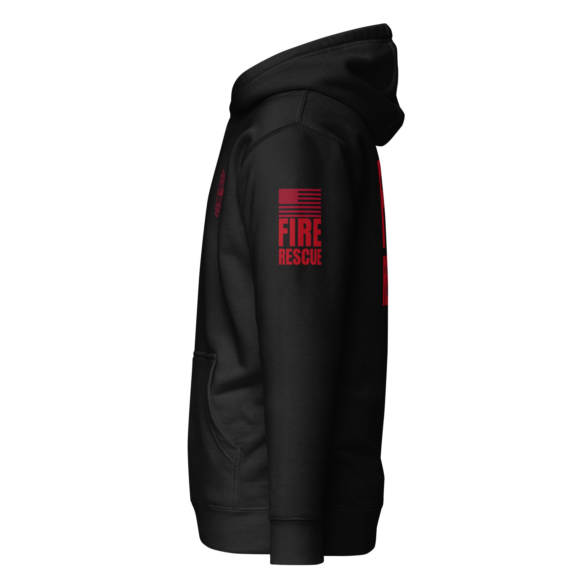 Fire Rescue on-duty hoodie with dual sleeve identifiers in Black, left view