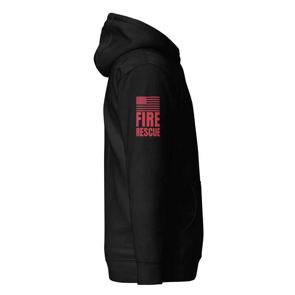 Fire Rescue on-duty hoodie with dual sleeve identifiers in Black, right view