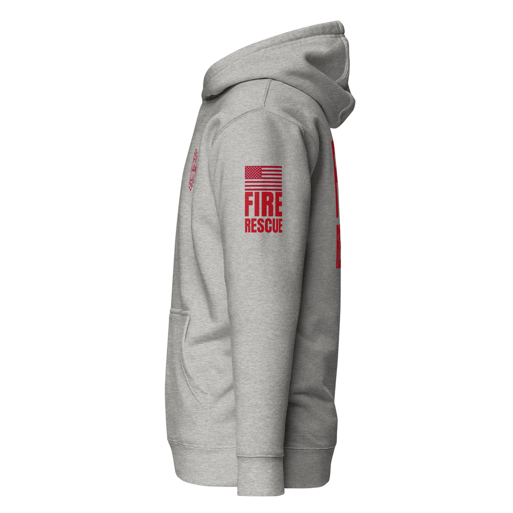 Fire Rescue on-duty hoodie with dual sleeve identifiers in Carbon Grey, left view