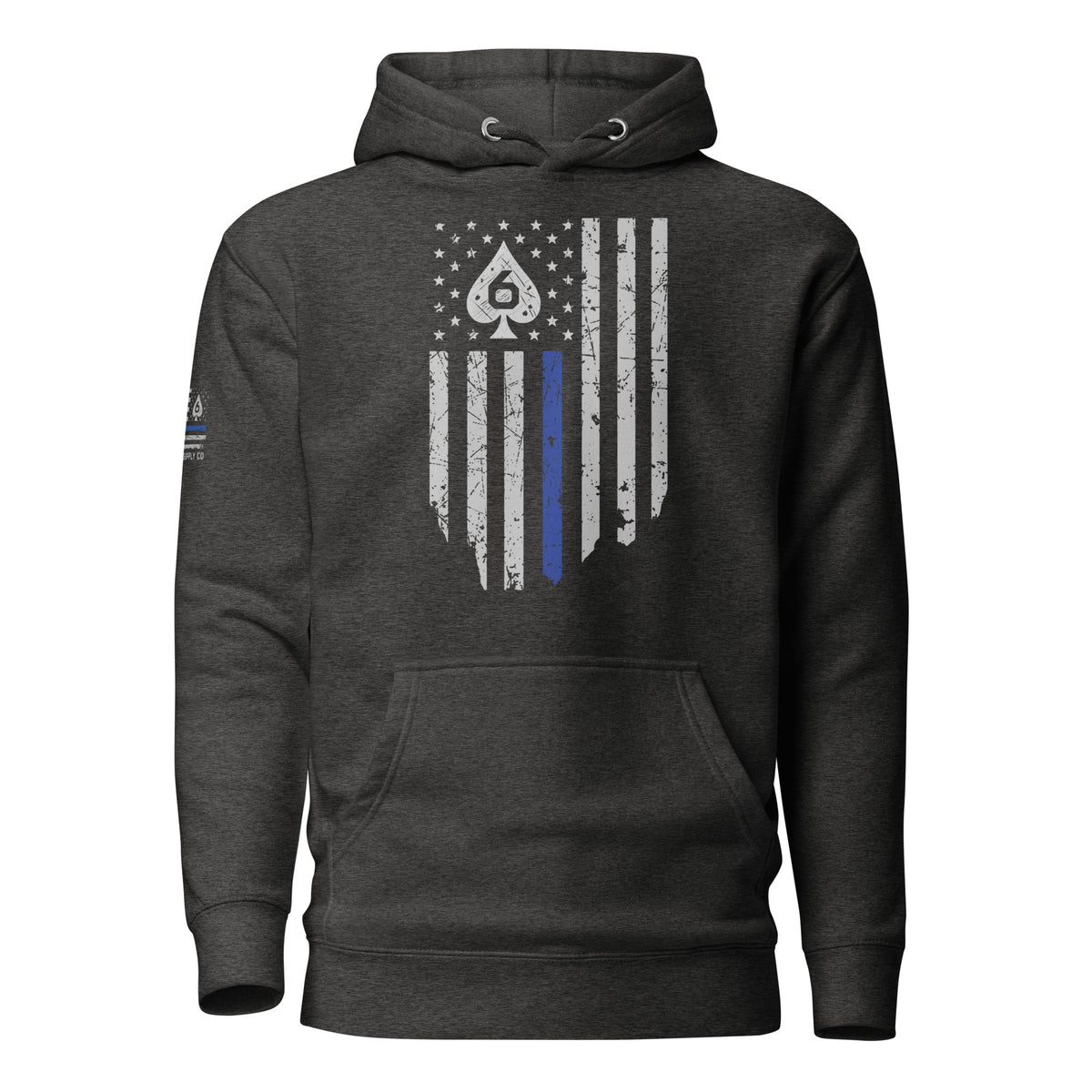 Thin Blue Line — Signature Honor Series Flag Hoodie — Charcoal Heather, front view