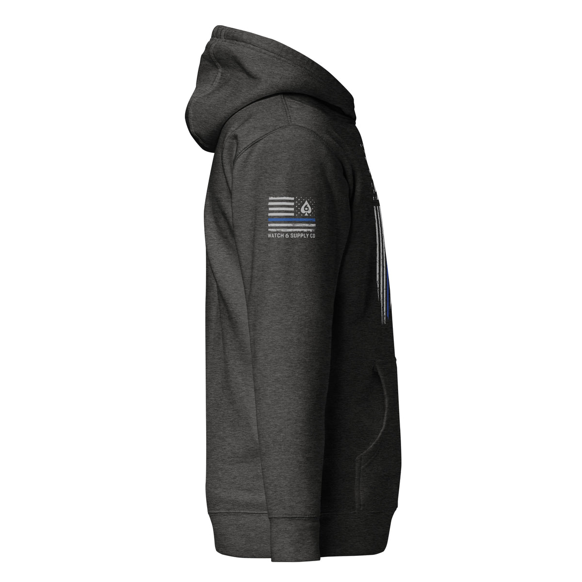 Thin Blue Line — Signature Honor Series Flag Hoodie — Charcoal Heather, right-side view