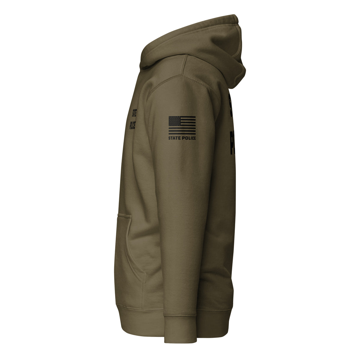 State Police — Duty Wear Premium Hoodie (Flag & Sleeve Identifier) — Military Green — Left-side view