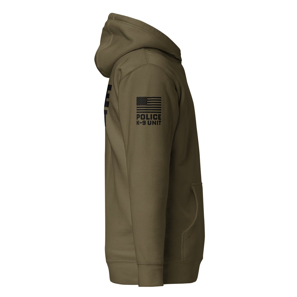 Police K-9 Unit - Premium Duty Wear / RAID Hoodie (Flag & Sleeve Identifiers) in Military Green - right-side view