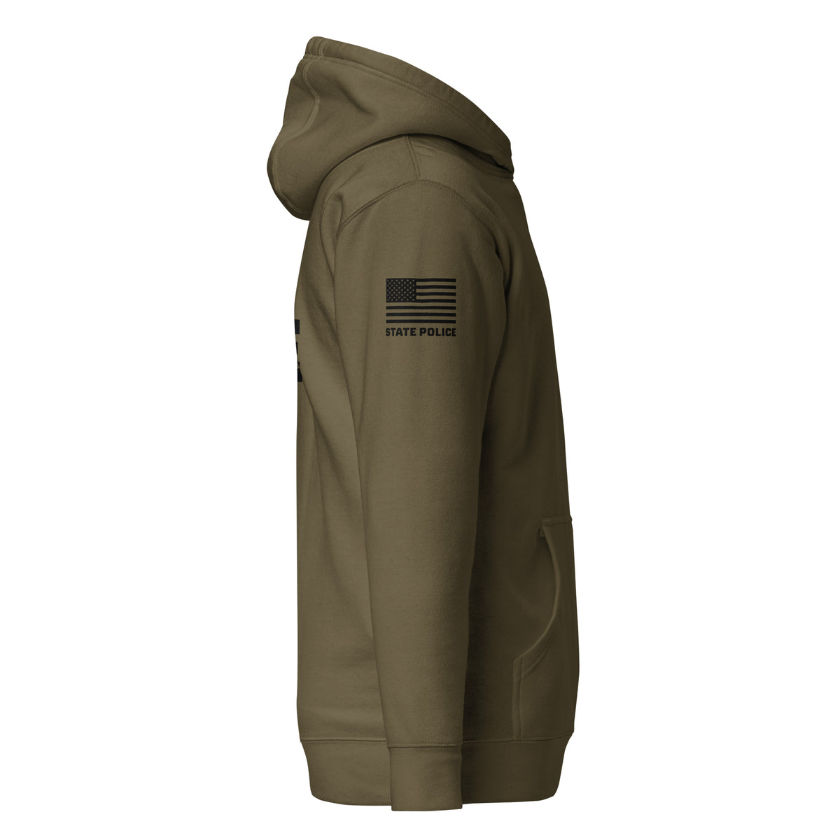 State Police — Duty Wear Premium Hoodie (Flag & Sleeve Identifier) — Military Green — Right-side view