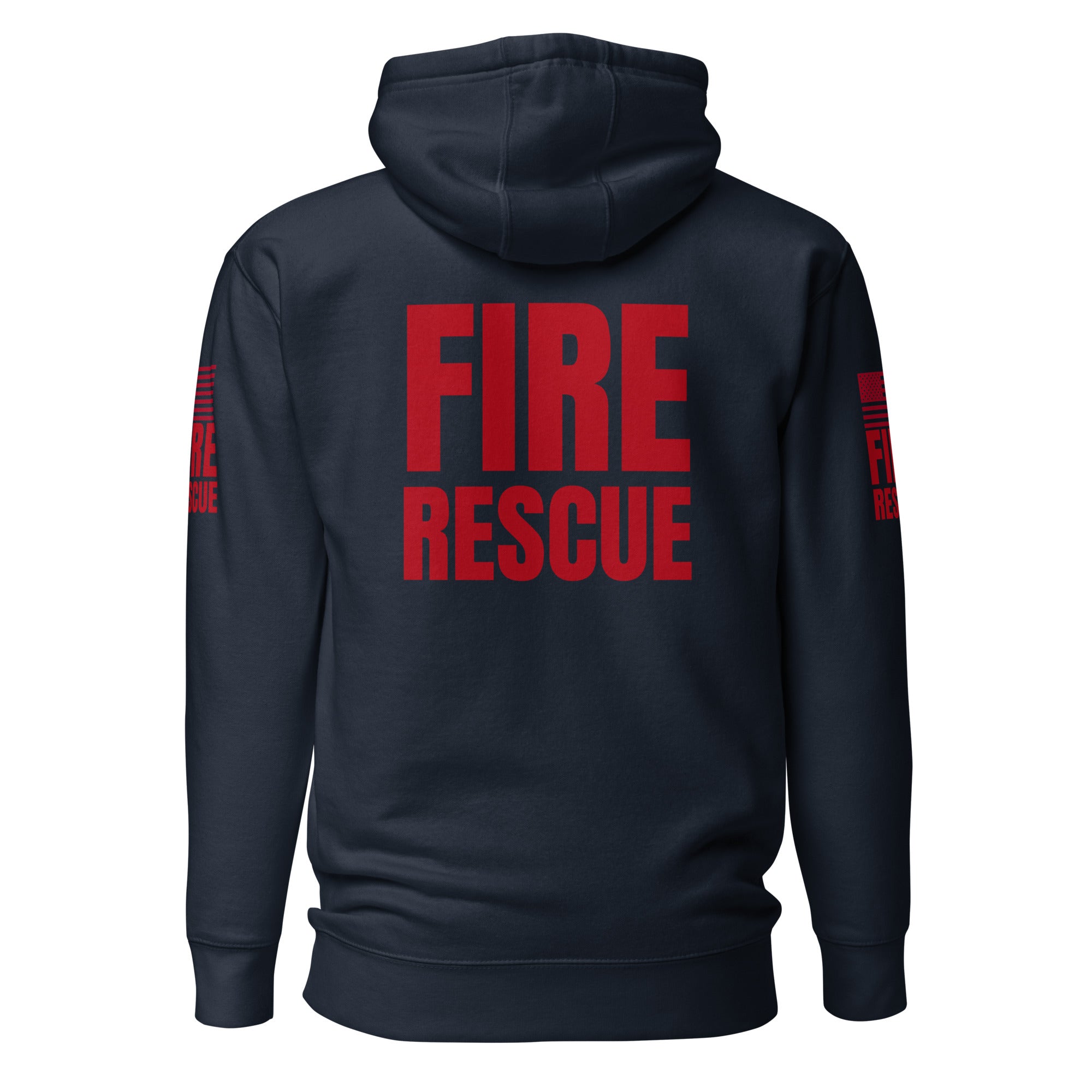 Fire Rescue on-duty hoodie with dual sleeve identifiers in Navy Blazer, back view
