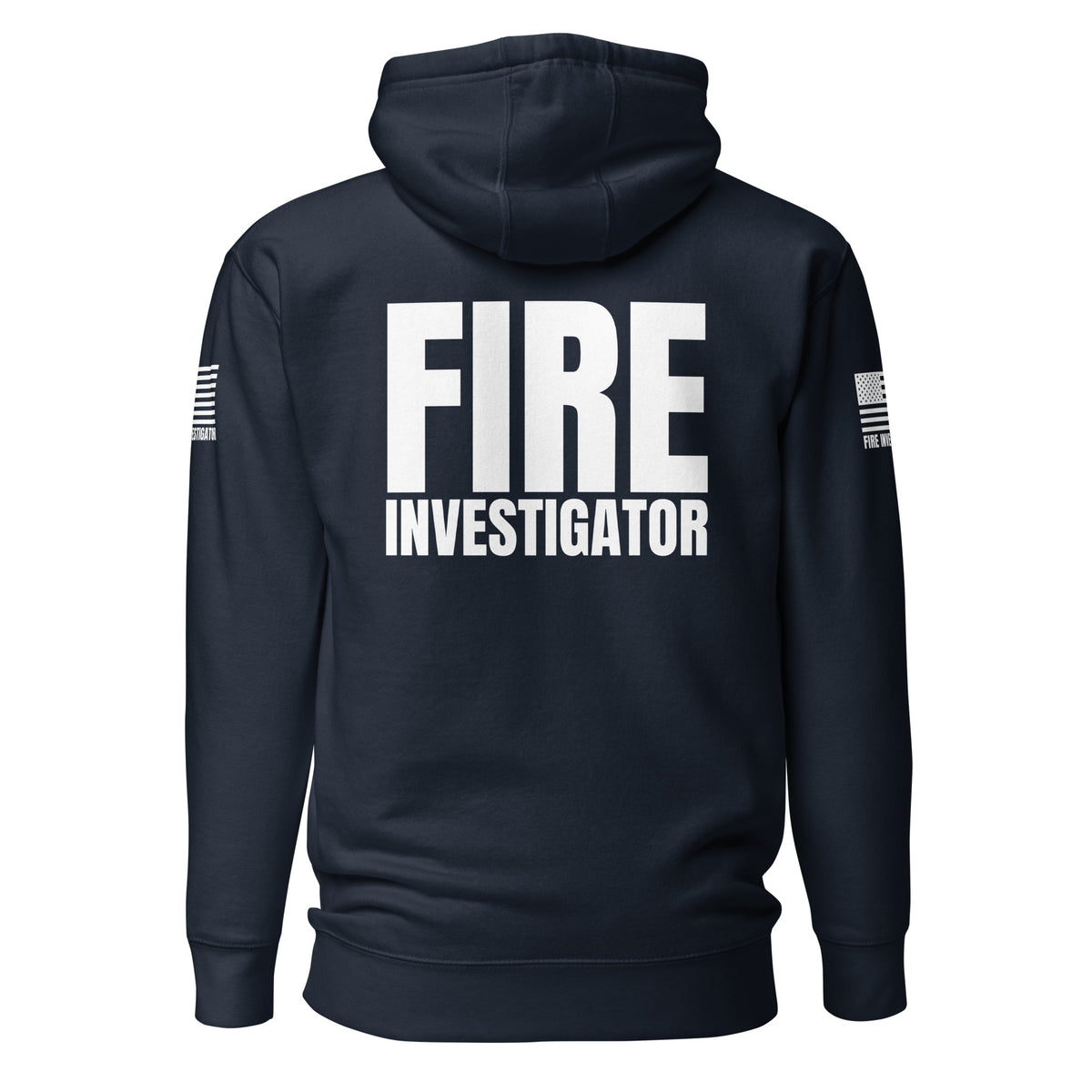 Fire Investigator — Duty Wear Premium Hoodie (Flag & Sleeve Identifier) — Navy Blazer — Back view