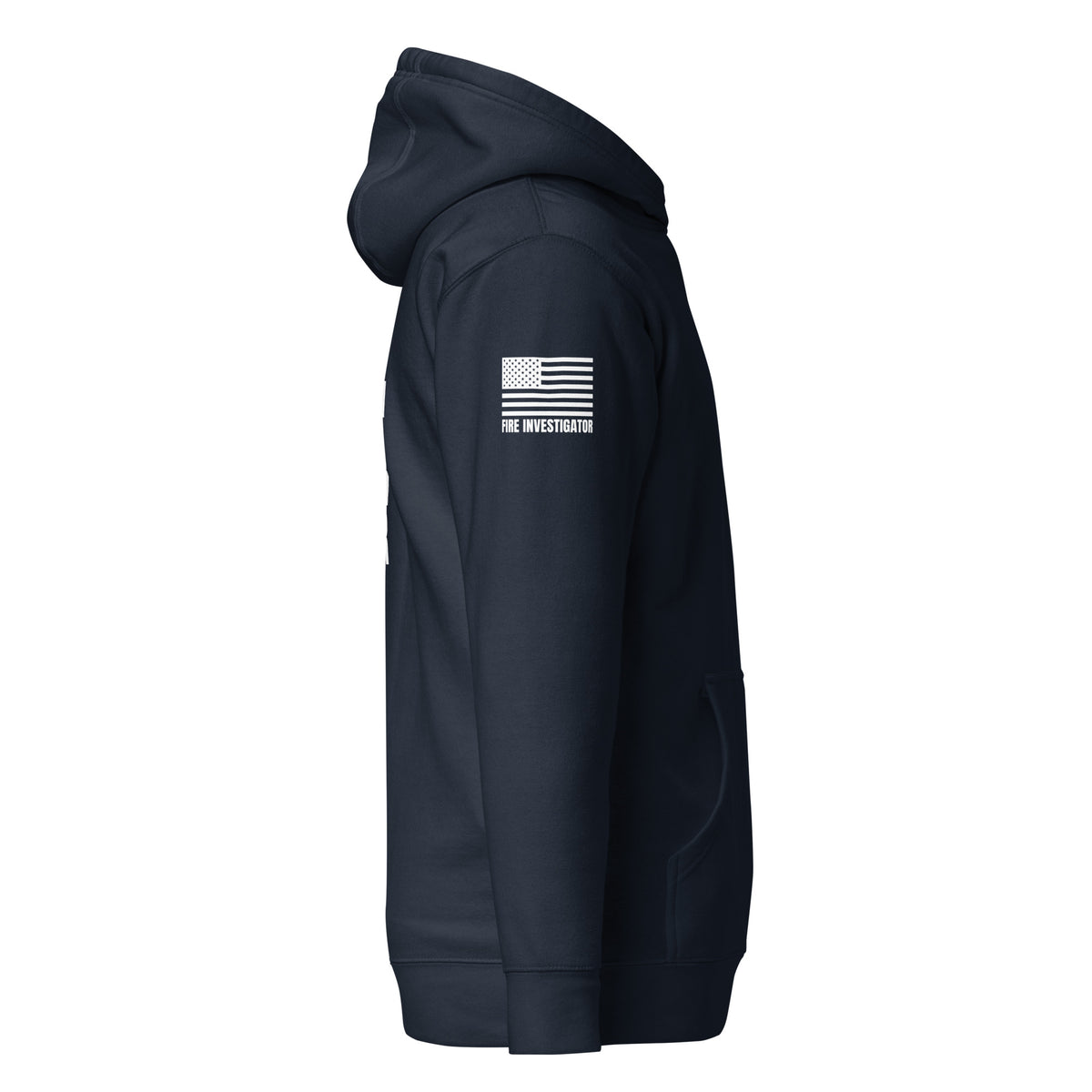 Fire Investigator — Duty Wear Premium Hoodie (Flag & Sleeve Identifier) — Navy Blazer — Right-side view