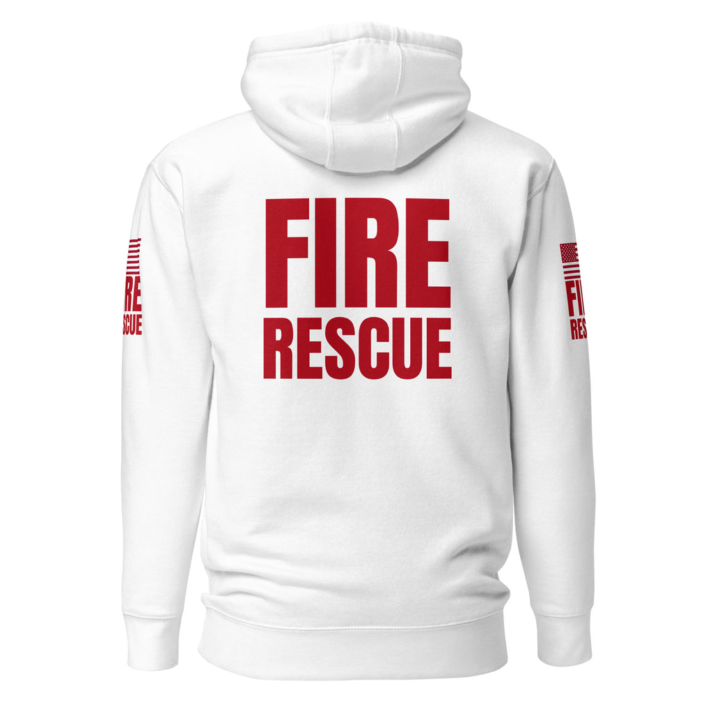 Fire Rescue on-duty hoodie with dual sleeve identifiers in White, back view