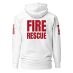 Fire Rescue on-duty hoodie with dual sleeve identifiers in White, back view
