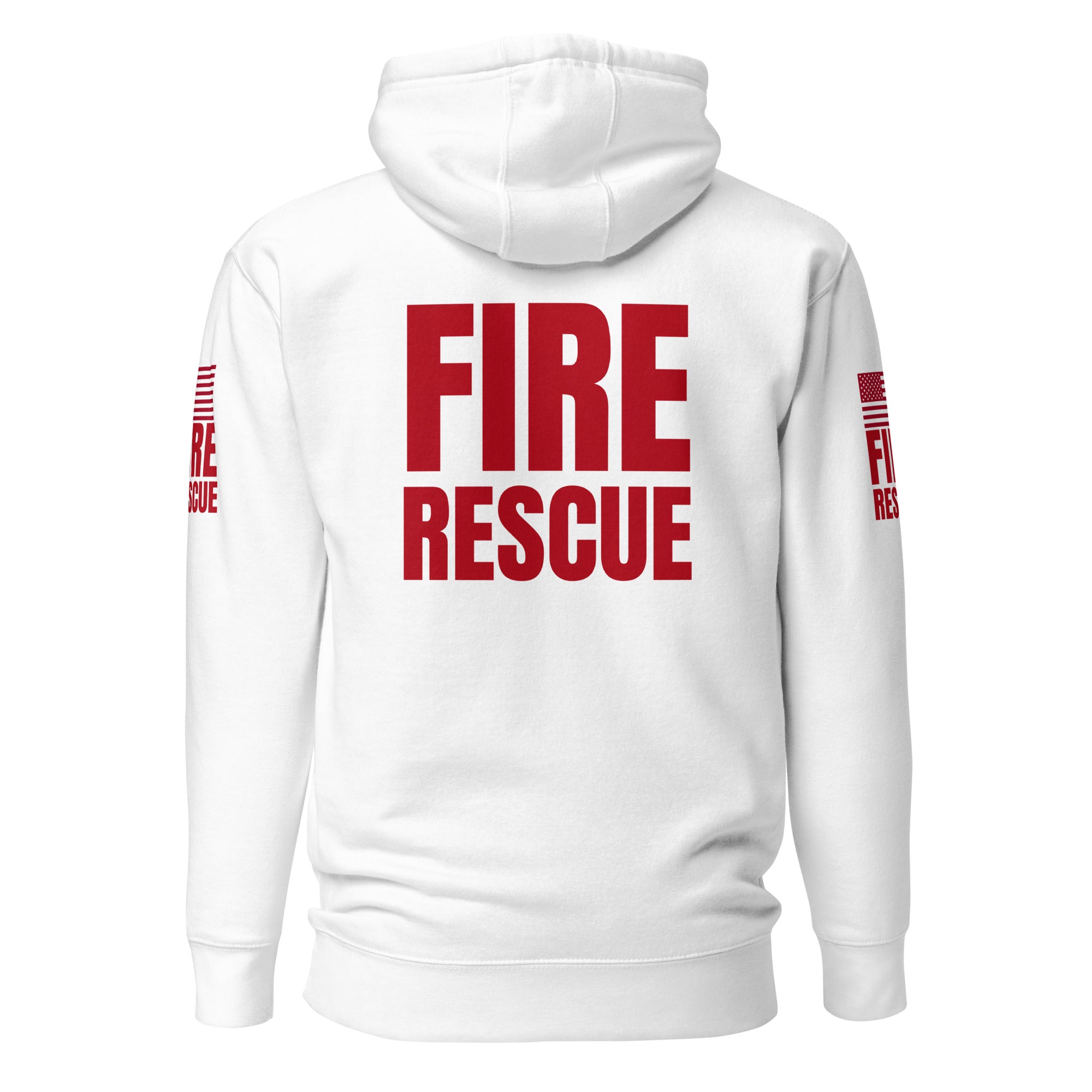 Fire Rescue on-duty hoodie with dual sleeve identifiers in White, back view