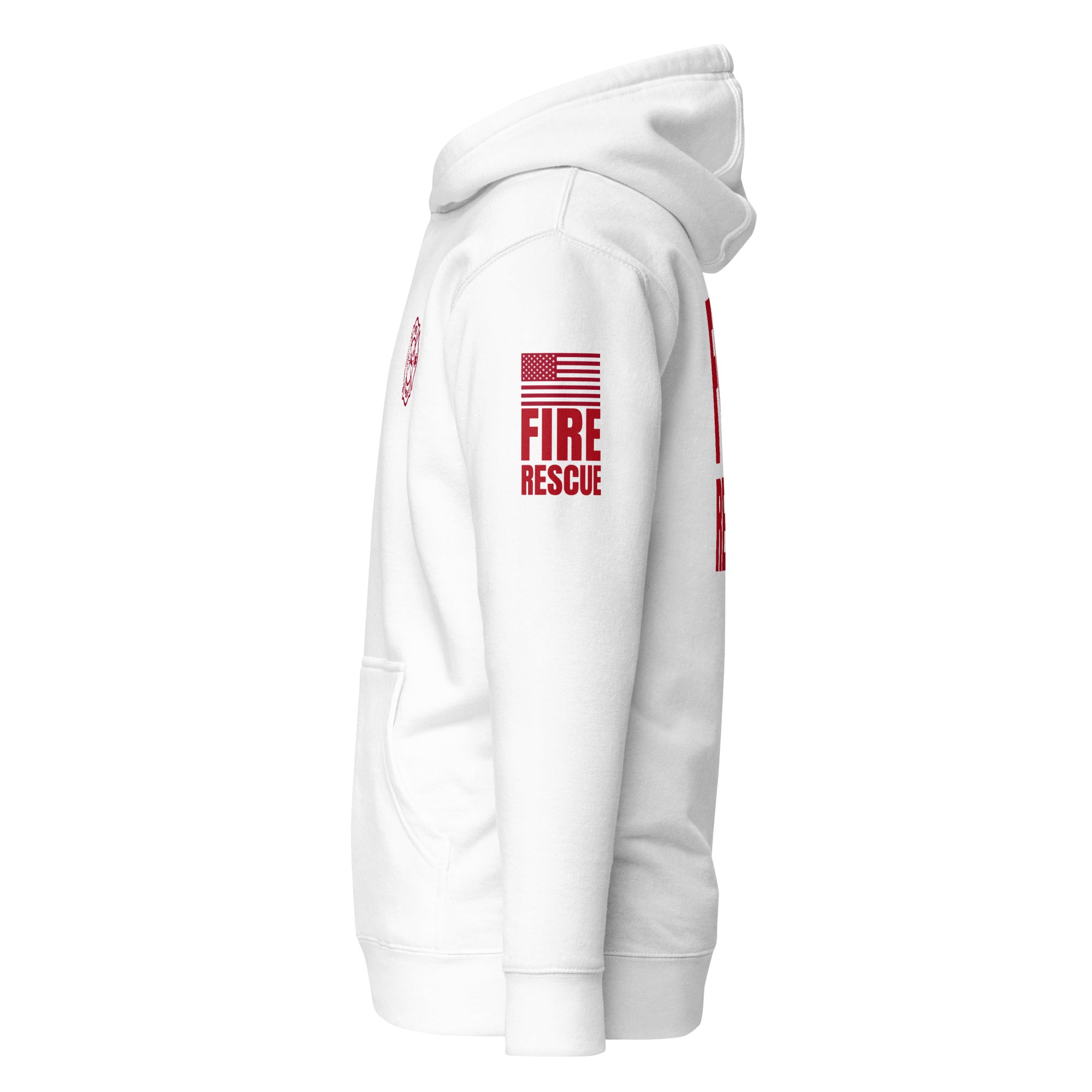 Fire Rescue on-duty hoodie with dual sleeve identifiers in White, left view