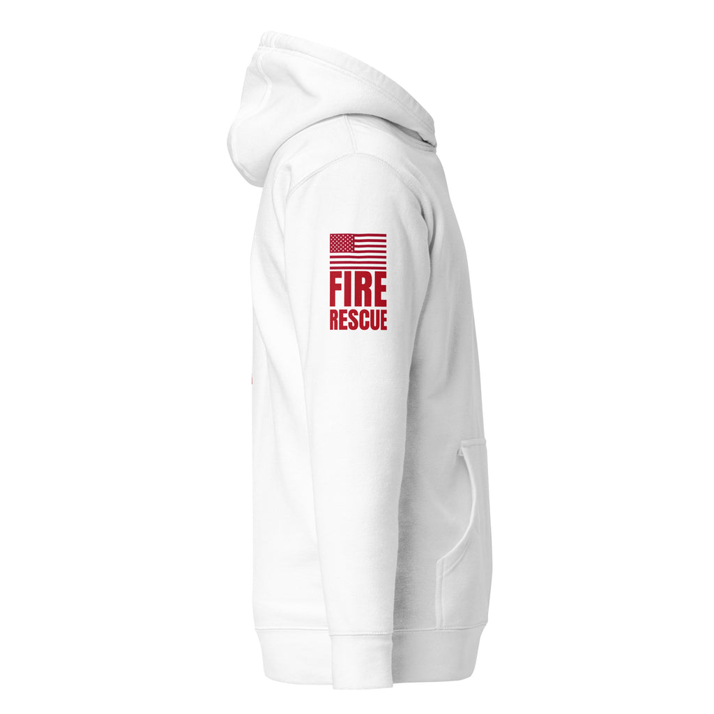 Fire Rescue on-duty hoodie with dual sleeve identifiers in White, right view