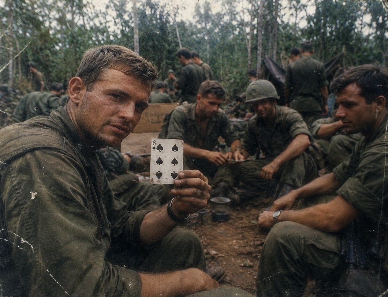 Service members gathered together with the Six of Spades